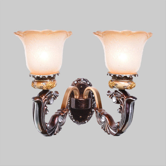 Vintage Brown Half-Head Wall Lamp With Pink And White Floral-Shaped Glass - Retro Lighting Fixture