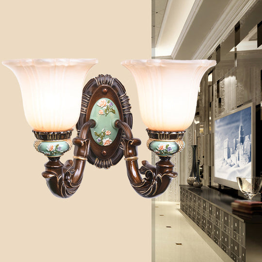 Frosted Glass Brown Wall Light - Rustic Bell Design Rural Sconce For Guest Room