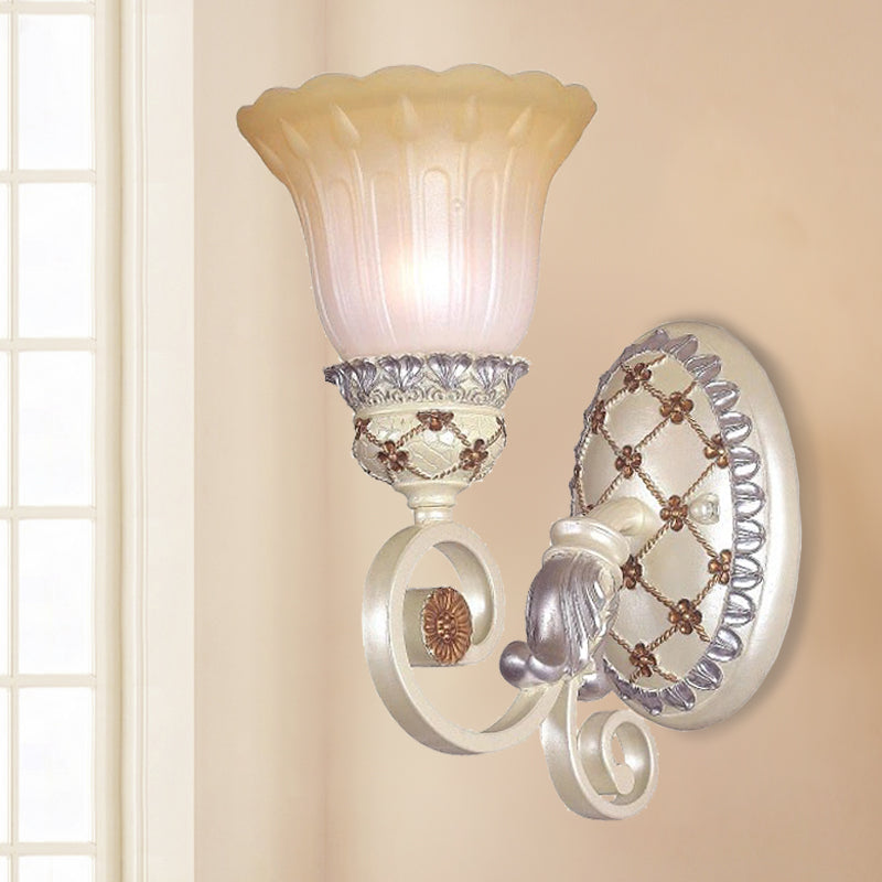 French Country Blossom Wall Sconce - Opaline Glass Lighting With Swirl Arm In Gold