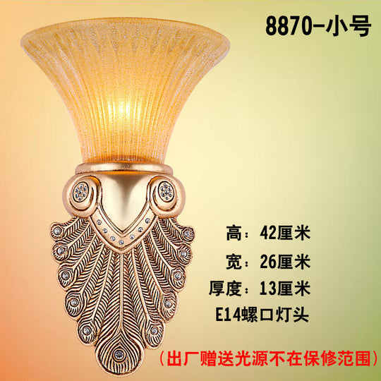 Gold Wall Sconce Lighting With Inverted Bell Opal Fluted Glass And Peacock Feather Design 10/13 Wide