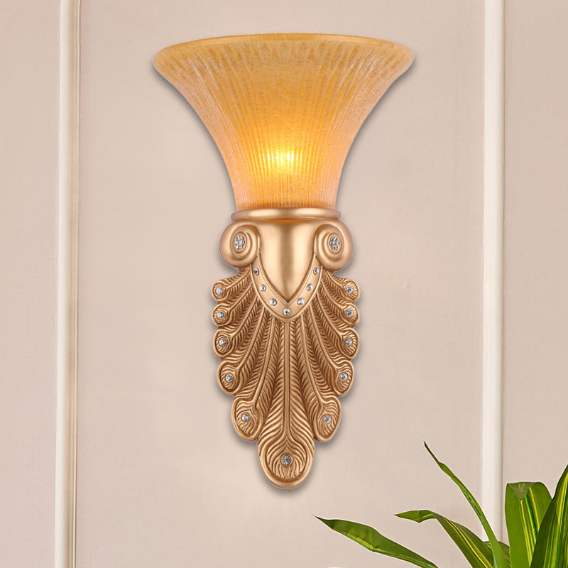 Gold Wall Sconce Lighting With Inverted Bell Opal Fluted Glass And Peacock Feather Design 10/13 Wide