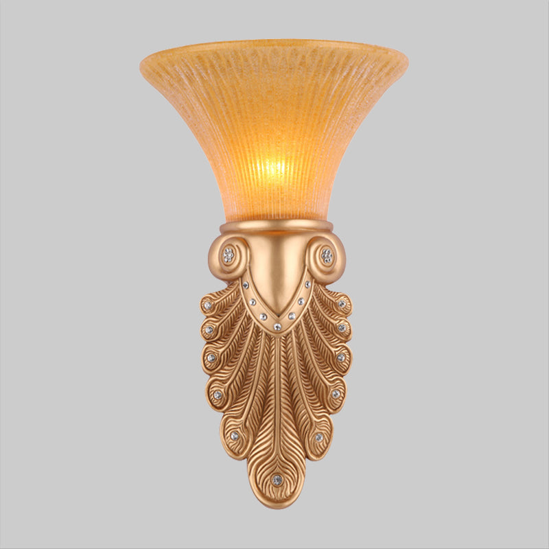 Gold Wall Sconce Lighting With Inverted Bell Opal Fluted Glass And Peacock Feather Design 10/13 Wide