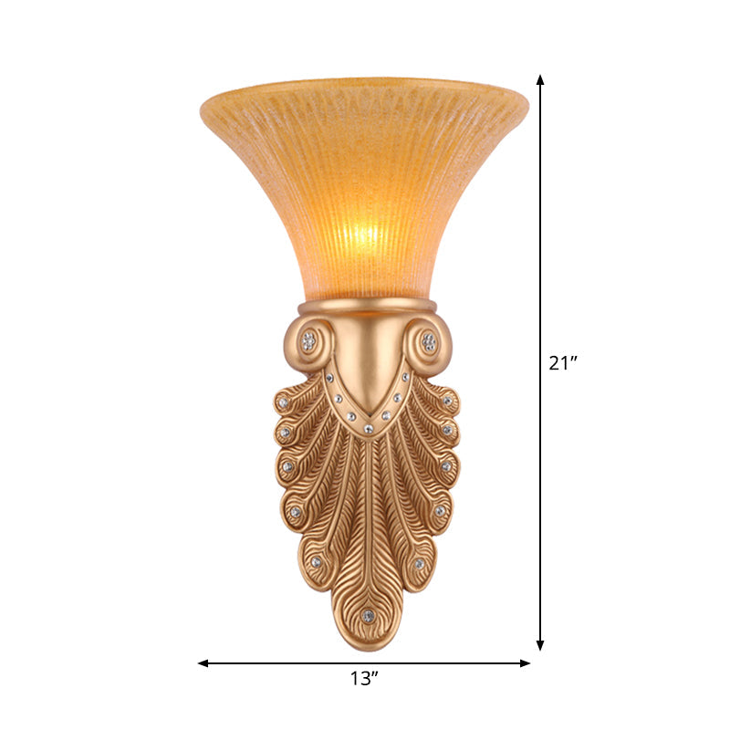 Gold Wall Sconce Lighting With Inverted Bell Opal Fluted Glass And Peacock Feather Design 10/13 Wide