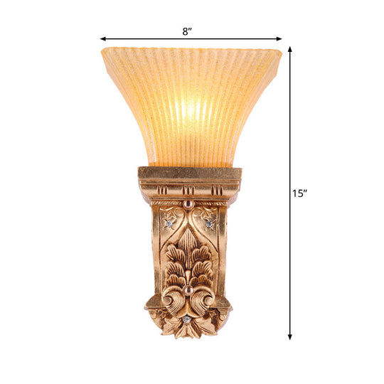 Gold Wall Mount Lamp With Amber Fluted Glass - Loft Style Trapezoid Lighting Fixture