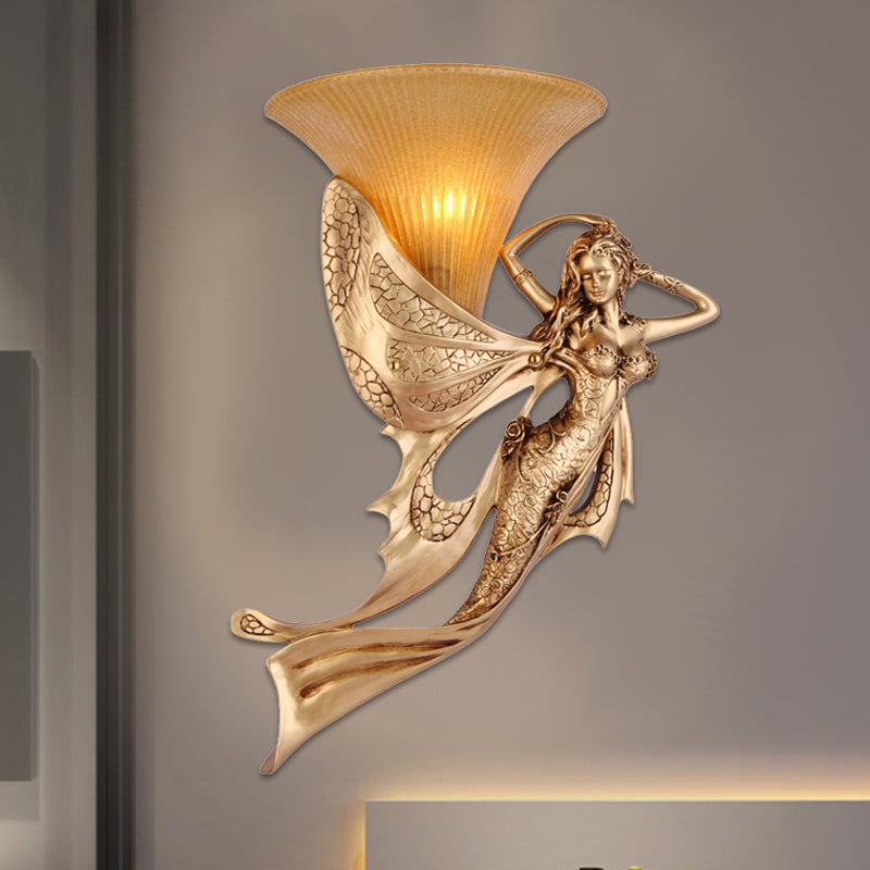 Mermaid 1-Light Resin Gold Wall Sconce - Rustic Style Lamp With Ribbed Glass Shade