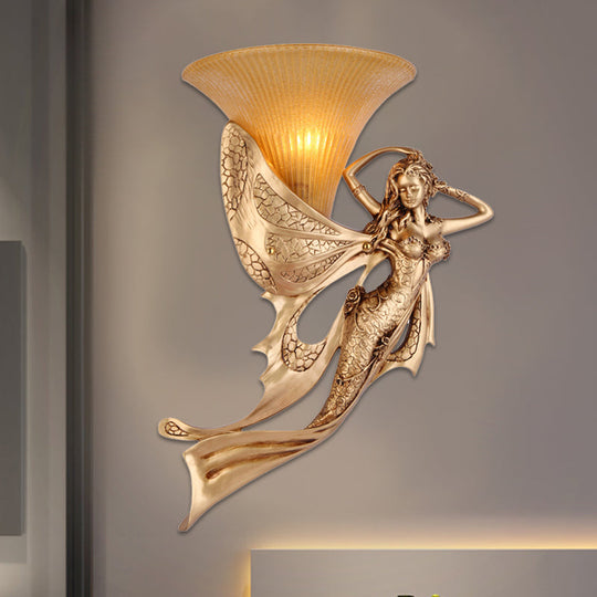 Mermaid 1-Light Resin Gold Wall Sconce - Rustic Style Lamp With Ribbed Glass Shade