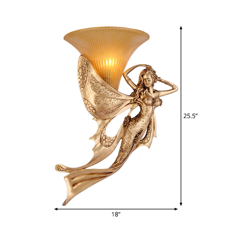 Mermaid 1-Light Resin Gold Wall Sconce - Rustic Style Lamp With Ribbed Glass Shade