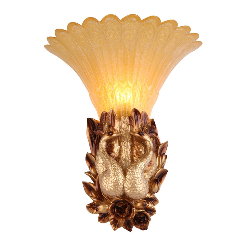Vintage Resin Gold Wall Sconce Light With Ribbed Amber Glass Shade - Peacock Bedroom Lighting