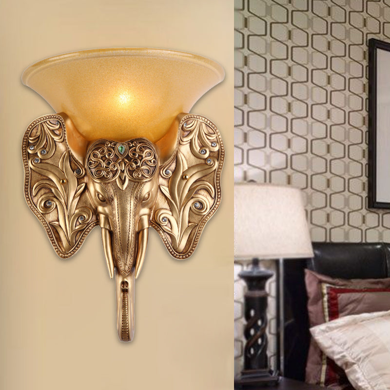 Elephant Head Design Wall Lamp - Gold Single Light Warehouse Amber Glass Bell Lighting Fixture
