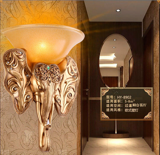 Elephant Head Design Wall Lamp - Gold Single Light Warehouse Amber Glass Bell Lighting Fixture