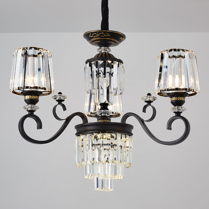 Minimalist 3-Tier Crystal Rectangle Chandelier With Conical Black Shade 3/6 Lights - Ceiling