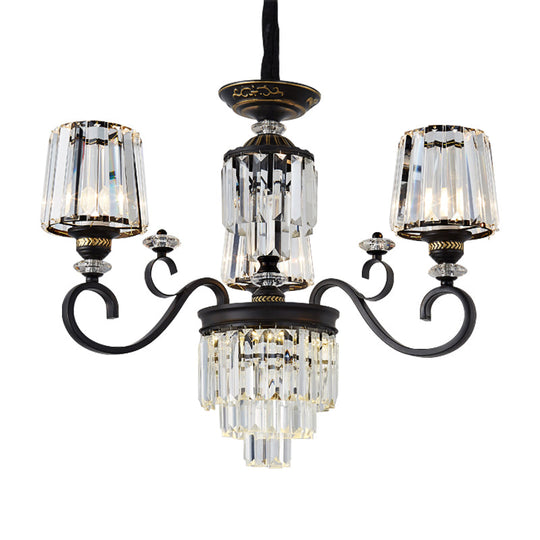 Minimalist 3-Tier Crystal Rectangle Chandelier With Conical Black Shade 3/6 Lights - Ceiling