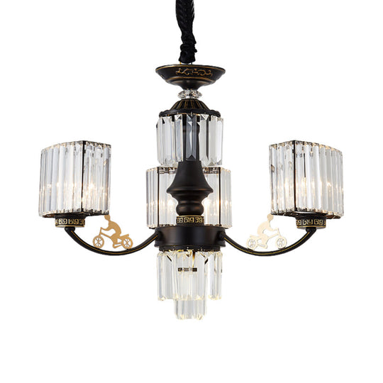 Modern Black Cuboid Chandelier With Clear Crystal Shades - 3/6 Heads Ceiling Light Fixture