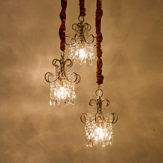 Simplistic Gold Metal Curvy Arm Multi Pendant Light With Crystal Strands - 3 Heads Ceiling Lighting