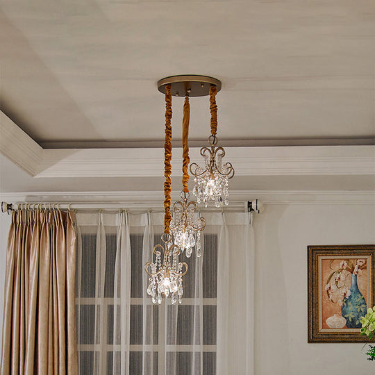 Simplistic Gold Metal Curvy Arm Multi Pendant Light With Crystal Strands - 3 Heads Ceiling Lighting