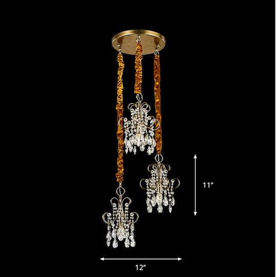 Sleek Metal Curvy Arm Pendant Light - Simplicity 3 Gold Heads Crystal Strands