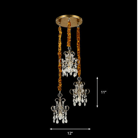 Simplistic Gold Metal Curvy Arm Multi Pendant Light With Crystal Strands - 3 Heads Ceiling Lighting
