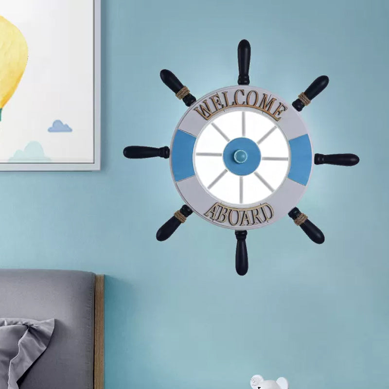 Wood Rudder Design Acrylic Led Wall Sconce - Round Flush Mount With Blue Warm/White Light / White