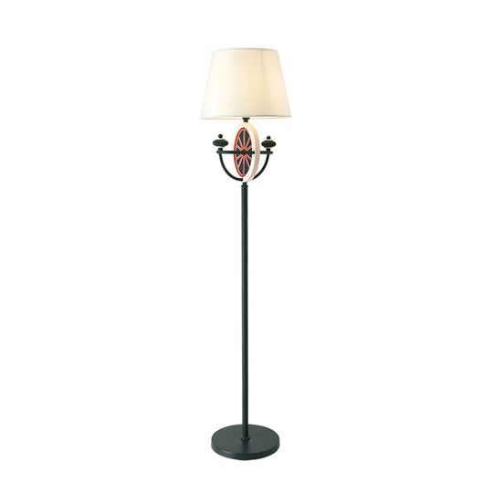 Mediterranean Barrel Floor Lamp - Black Fabric 1 Bulb Round & Bowl Frame Design