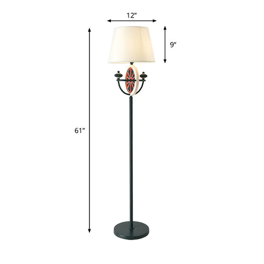 Mediterranean Barrel Floor Lamp - Black Fabric 1 Bulb Round & Bowl Frame Design