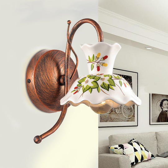 Flower-Patterned Ceramic Wall Sconce With Scalloped Design 1 Bulb White Copper Gooseneck Arm -