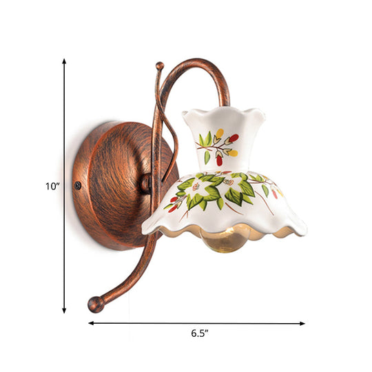 Flower-Patterned Ceramic Wall Sconce With Scalloped Design 1 Bulb White Copper Gooseneck Arm -