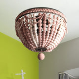 Rustic Wood Beaded Dome Flushmount Chandelier - 3 Bulb Ceiling Mount For Dining Table