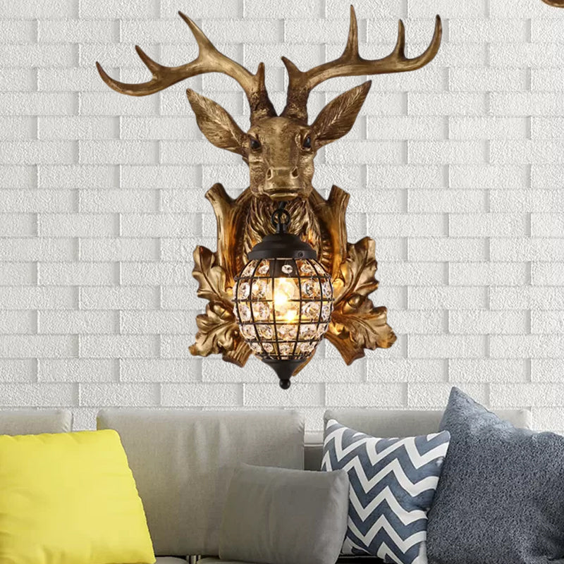 Ellipsoid Crystal Sconce With Gold Antler Backplate - Living Room Wall Mount Lighting For Farmhouse