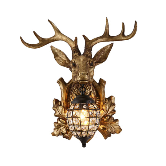 Ellipsoid Crystal Sconce With Gold Antler Backplate - Living Room Wall Mount Lighting For Farmhouse