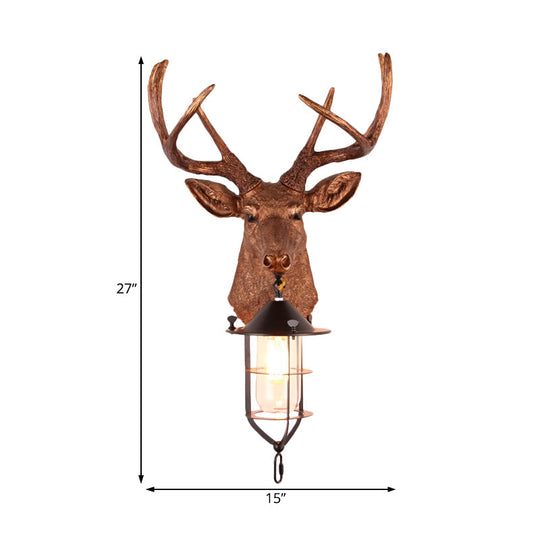 Vintage Resin Deer-Head Wall Lamp Sconce With Cage - Brown 1 Bulb Mount Lighting