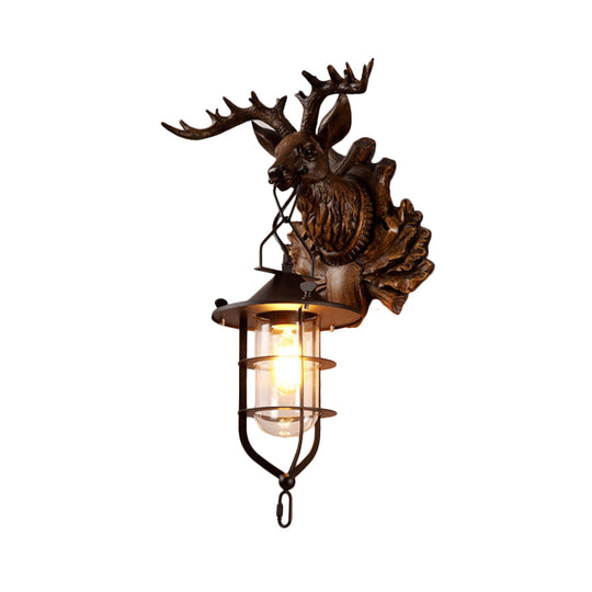 Black Iron Wire Cage Sconce With Deer Head Backplate - Countryside 1 Light Wall Lighting For Living