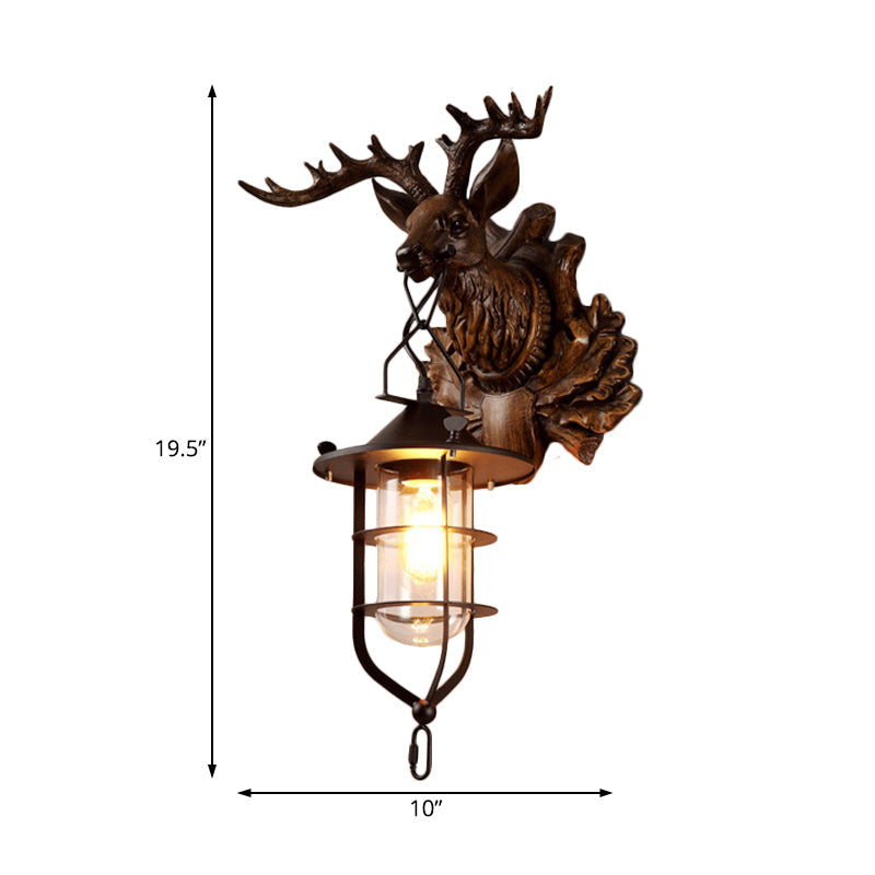 Black Iron Wire Cage Sconce With Deer Head Backplate - Countryside 1 Light Wall Lighting For Living