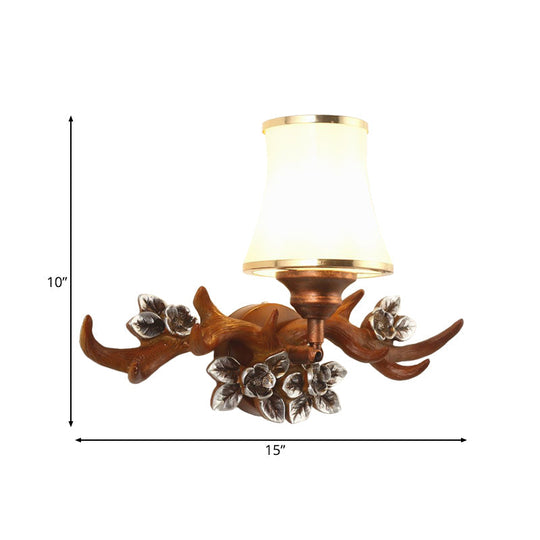 Rustic Brown Antler Sconce Lighting: 1-Light Resin Wall Lamp With Opal Glass Shade