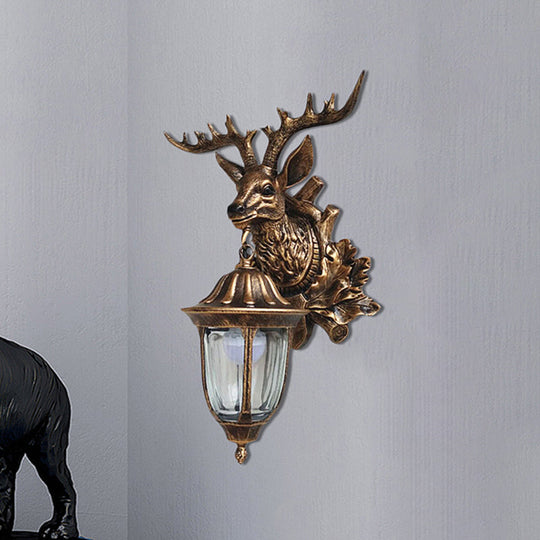 Bronze/Brown Elk Head Wall Mounted Light - Farmhouse Resin Sconce With Glass Shade