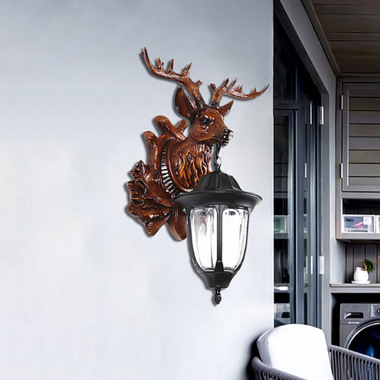 Bronze/Brown Elk Head Wall Mounted Light - Farmhouse Resin Sconce With Glass Shade Brown