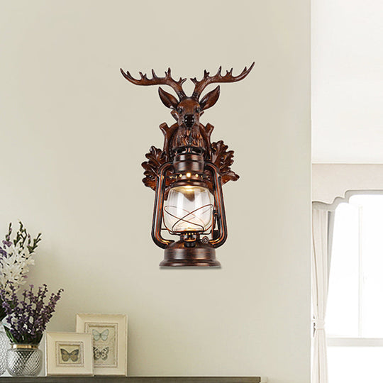 Rustic Elk Backplate Wall Lamp - Flameless Kerosene Sconce With Brown/Bronze Glass Brown