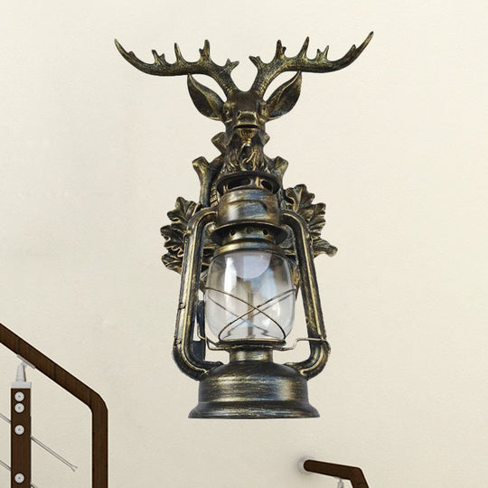 Rustic Elk Backplate Wall Lamp - Flameless Kerosene Sconce With Brown/Bronze Glass