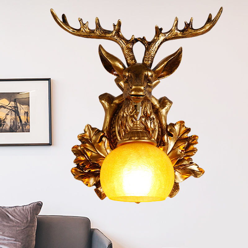 Dome Amber Glass Sconce Wall Lamp With Deer Head Backplate - Rural Lighting For Sitting Room 12/19.5