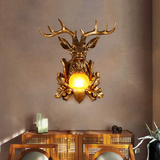 Dome Amber Glass Sconce Wall Lamp With Deer Head Backplate - Rural Lighting For Sitting Room 12/19.5