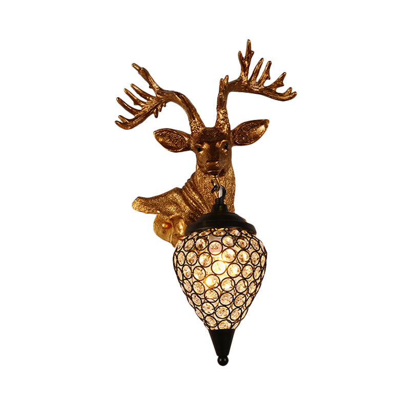 Sika Deer Head Wall Sconce: Countryside Gold Resin Lamp With Crystal Shade