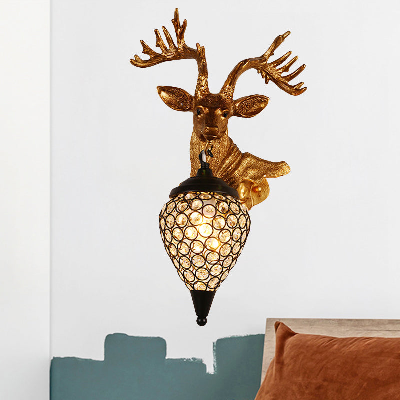 Sika Deer Head Wall Sconce: Countryside Gold Resin Lamp With Crystal Shade / Left