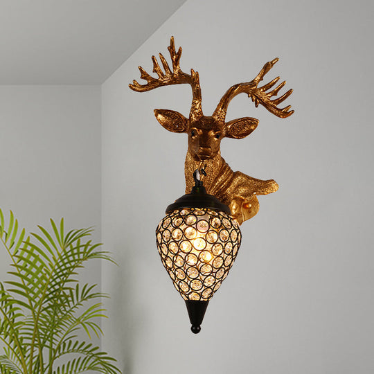 Sika Deer Head Wall Sconce: Countryside Gold Resin Lamp With Crystal Shade
