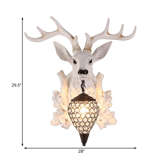 Rustic White Elk Wall Sconce With Crystal Shade - Indoor Lighting Fixture