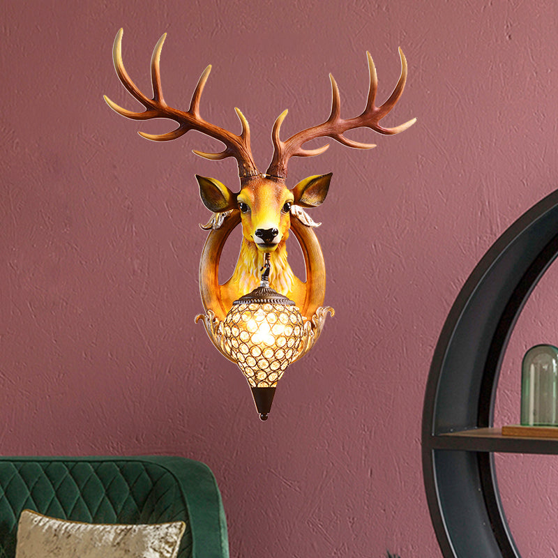 Clear Beveled Crystal Sconce With Rural White/Brown/Black Finish And Faux Elk Backplate - Bedroom