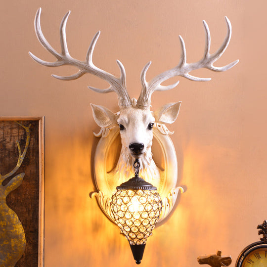 Clear Beveled Crystal Sconce With Rural White/Brown/Black Finish And Faux Elk Backplate - Bedroom