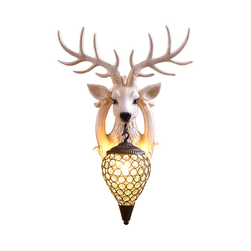 Clear Beveled Crystal Sconce With Rural White/Brown/Black Finish And Faux Elk Backplate - Bedroom