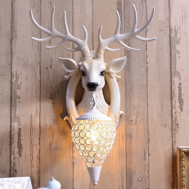 Clear Beveled Crystal Sconce With Rural White/Brown/Black Finish And Faux Elk Backplate - Bedroom