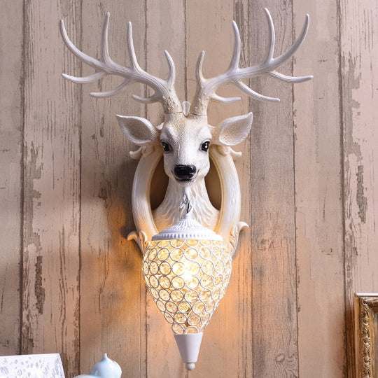 Clear Beveled Crystal Sconce With Rural White/Brown/Black Finish And Faux Elk Backplate - Bedroom