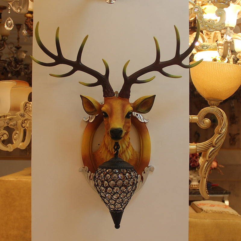 Farmhouse Style Brown Faux Deer Head Sconce Lamp - 16/21 Wide Wall Mounted With Crystal Shade
