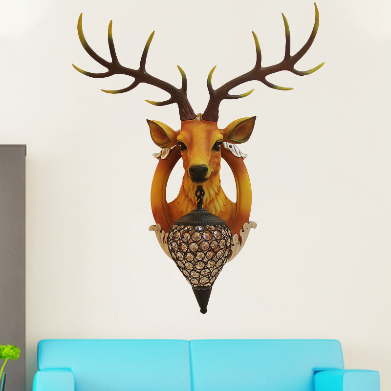 Farmhouse Style Brown Faux Deer Head Sconce Lamp - 16/21 Wide Wall Mounted With Crystal Shade